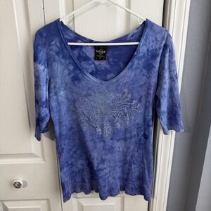 Sledge USA Blue Tie Dye Studded 3/4 Sleeve Vintage Y2K Shirt Women's Size Medium